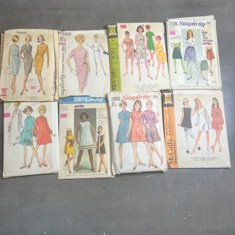 Vintage 1960s Sewing Patterns Women's Dresses Skirts 8 Lot Cut Complete